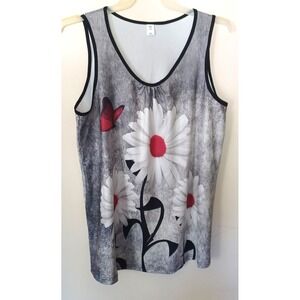 Chaos Monkey Womens 1XL Grey Daisy Butterfly Graphic‎ Scoop Neck Tank Top